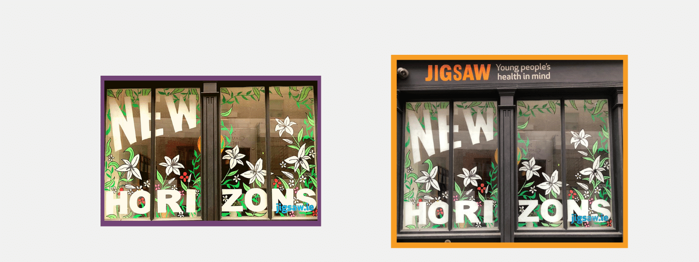 A image of a window display saying New Horizons