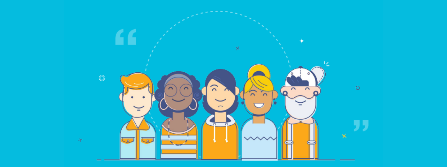 illustration of 5 diverse people smiling, male/female, young/old, different ethnicity