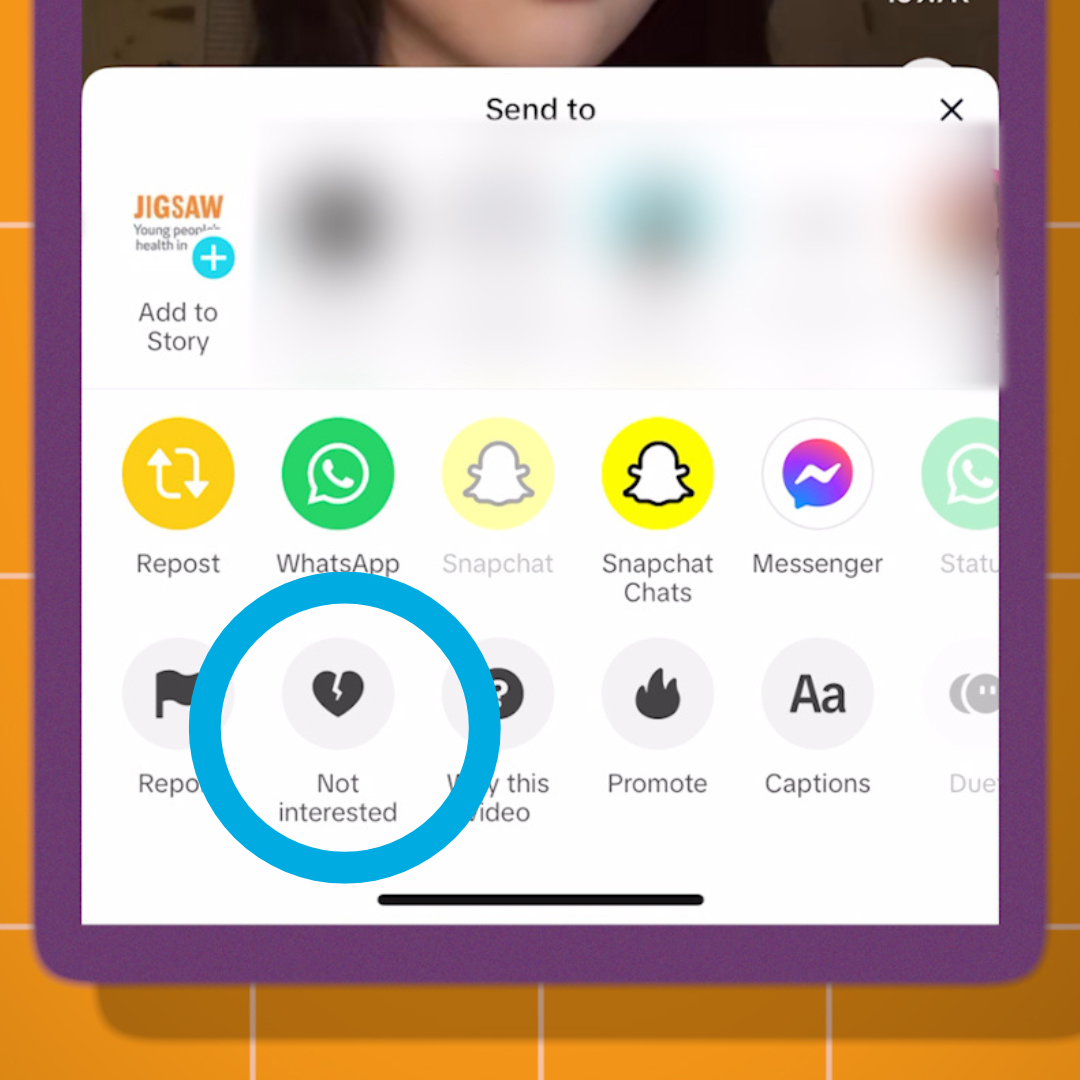 Image of TikTok share feature highlighting the Not Interested feature
